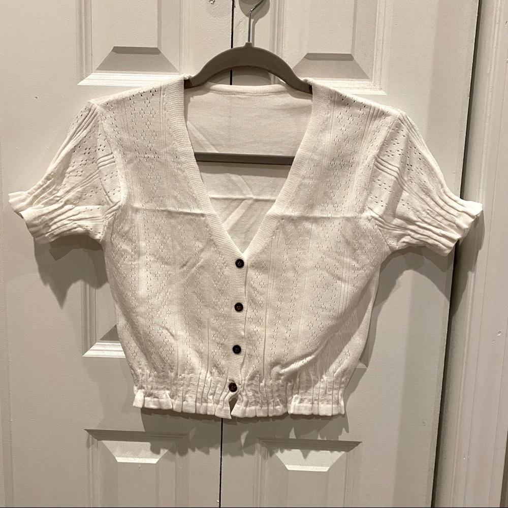 Short Sleeve Perforated Cropped Cardigan
